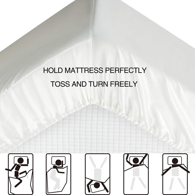 Luxbedding Satin Bed Sheets King Size Sheets, White Silk Sheets, 4 - Pieces Soft Bedding Set with 1 Deep Pocket Fitted Sheet,1 Flat Sheet,2 Pillowcase - Image 3